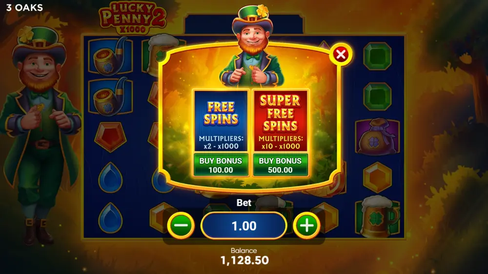 Lucky Penny 2 Buy Bonus screen showing Free Spins and Super Free Spins options with costs