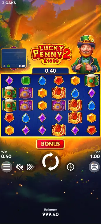 Lucky Penny 2 cascade mechanic – winning symbols collapsing and new symbols dropping into the grid