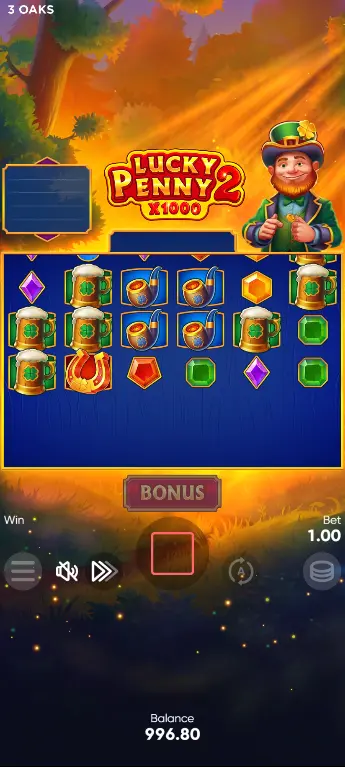 Lucky Penny 2 Mystery Multiplier revealing x1000 at end of cascade sequence with total win displayed